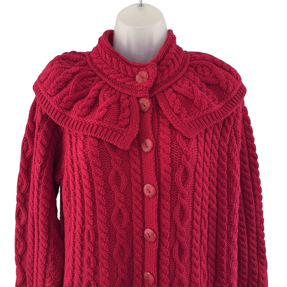 Aran Crafts Long Cardigan Sweater Womens L Red Wool Cable Knit Ireland Fisherman